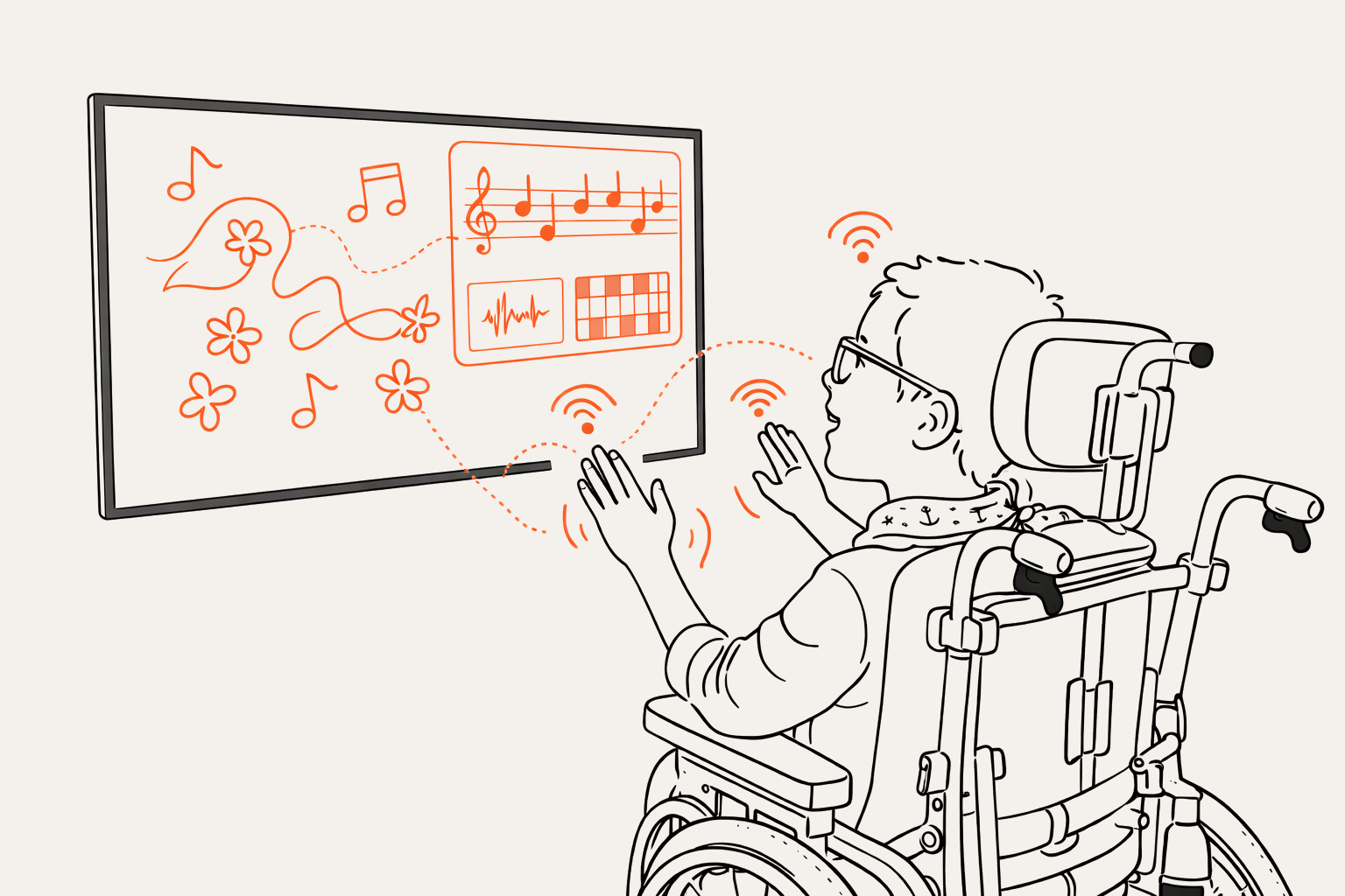 A wheelchair user uses gestures to control music and art elements shown on a screen.